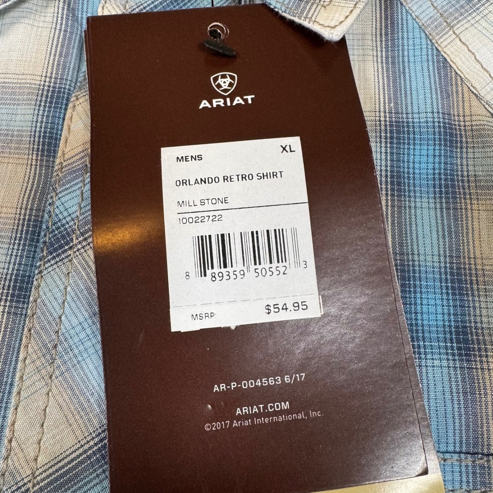 Ariat Mens Orlando Retro Fit Western Pearl Snap Plaid Shirt Mill Stone 10022722 - Picture 4 of 8